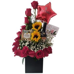 Arreglo en rosas rojas, girasol, chocolate, licor, globo floristeria cali