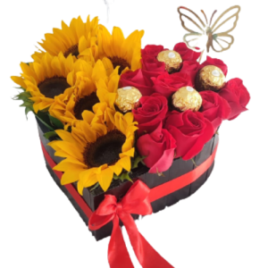 Corazon con rosas y girasoles