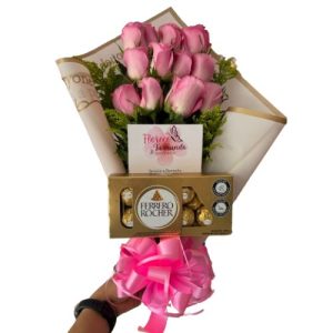 Bouquet de rosas rosadas, chocolates ferreros- floristeria cali